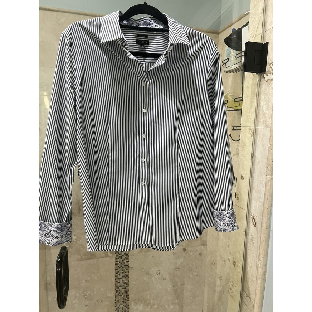 Talbots Womens Shirt 14 White Gray Blue Stripe Paisley Wrinkle Resistant Top